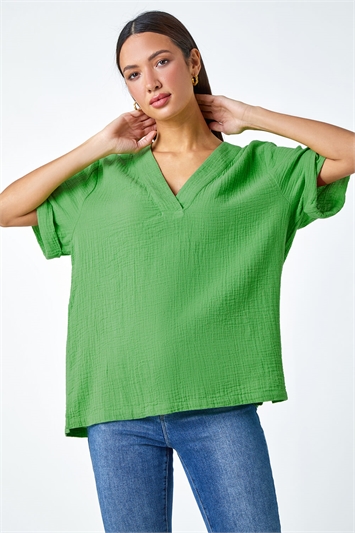 Green Textured Cotton Relaxed V-Neck T-Shirt