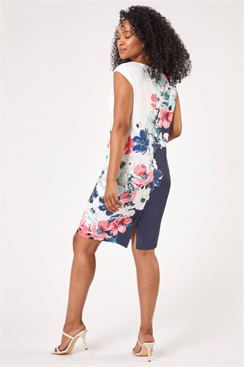 Navy Petite Floral Print Premium Stretch Dress, Image 2 of 4