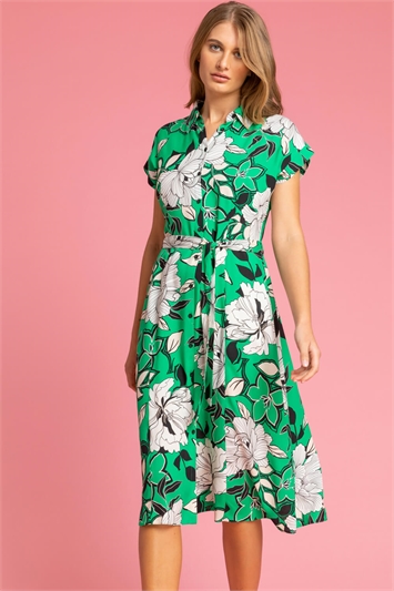 Green Floral Print Belted Shirt Dress