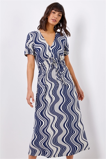 Blue Swirl Print Fit & Flare Midi Dress