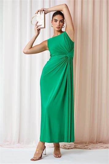 Green Drape Twist Stretch Ruched Maxi Dress