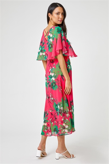 Pink Floral Print Frill Cape Wrap Dress, Image 2 of 5