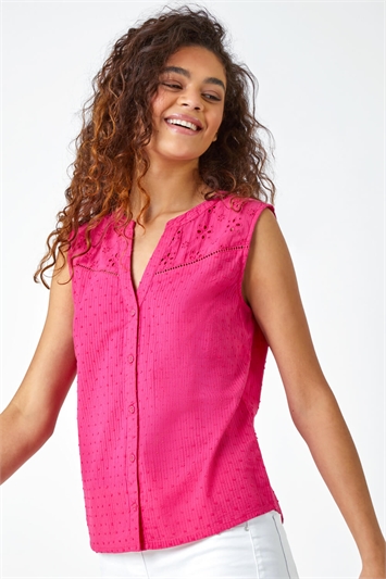 Pink Sleeveless Embroidered Cotton Blouse