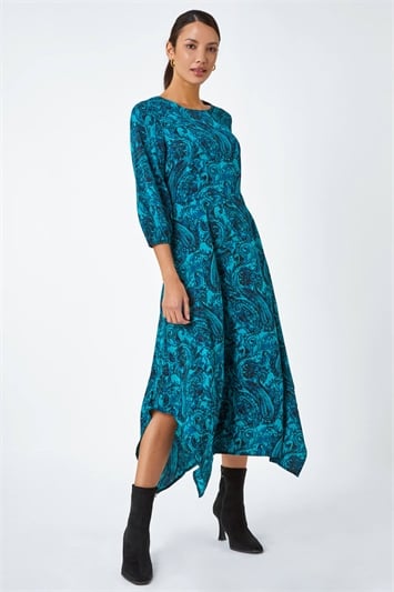 Blue Paisley Print Hanky Hem Midi Dress
