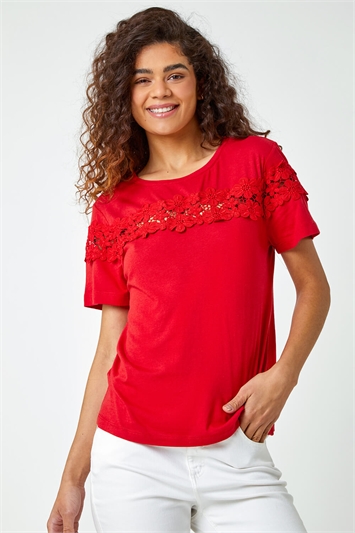 Red Lace Detail Jersey T-Shirt