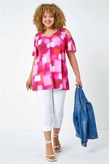 Pink Curve Abstract Cold Shoulder Top
