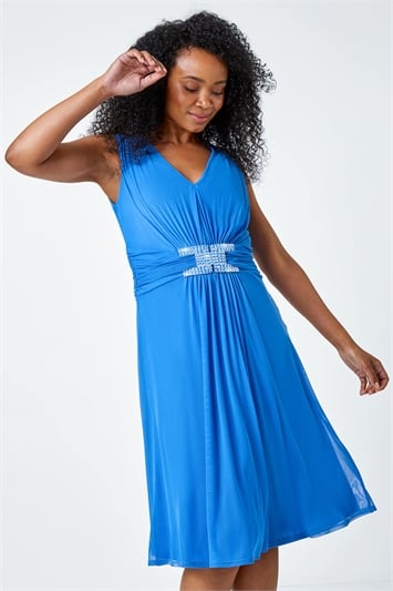 Blue Petite Embellished Waist Stretch Chiffon Dress