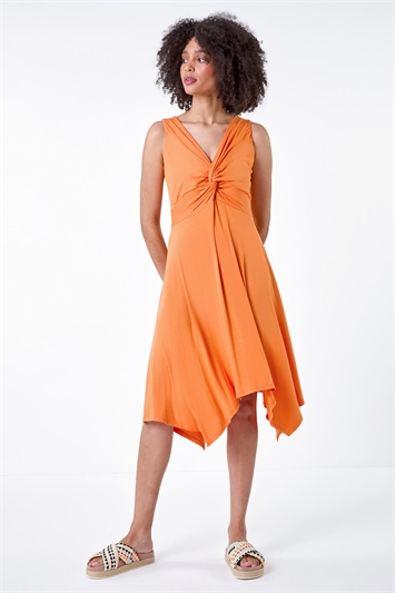 Orange Twist Front Hanky Hem Stretch Dress