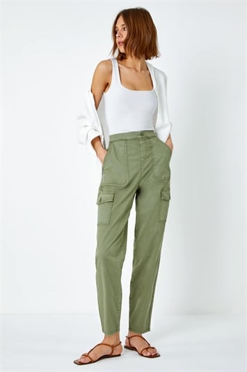 Green Casual Elastic Waist Cargo Stretch Trousers