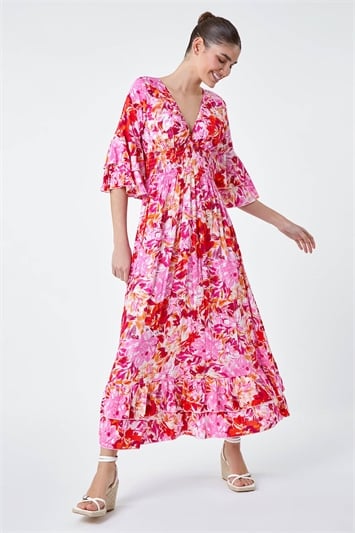 Pink Floral Ruffle Detail Shirred Maxi Dress