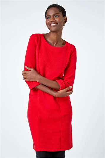 Red Textured Cotton Blend Shift Stretch Dress
