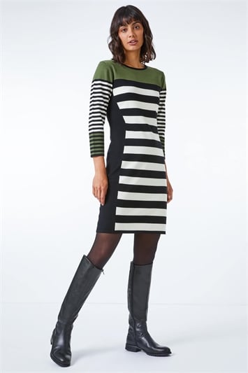 Green Colour Block Stripe Knitted Shift Dress