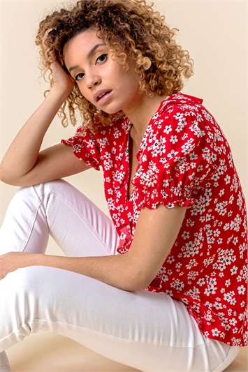 Red Floral Print Frill Detail Blouse, Image 5 of 5