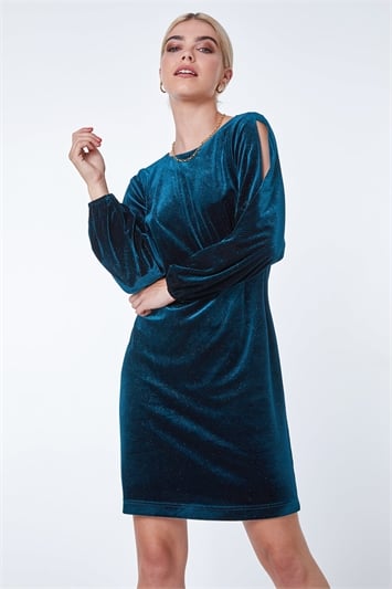 Blue Split Sleeve Velvet Mini Dress