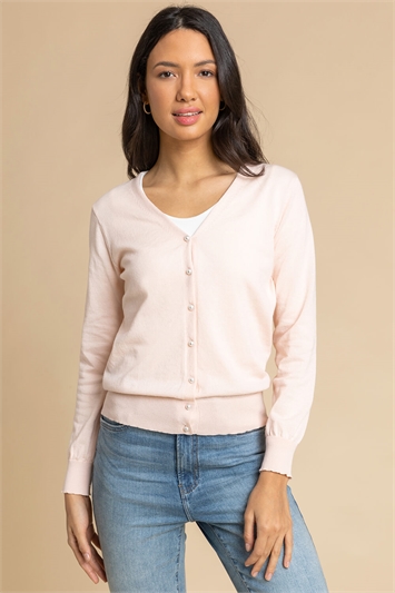 Light Pink Faux Pearl Button Detail Cardigan