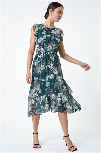 Green Floral Print Frill Shirred Midi Dress