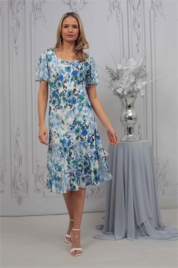 Blue Julianna Floral Print Bias Cut Dress