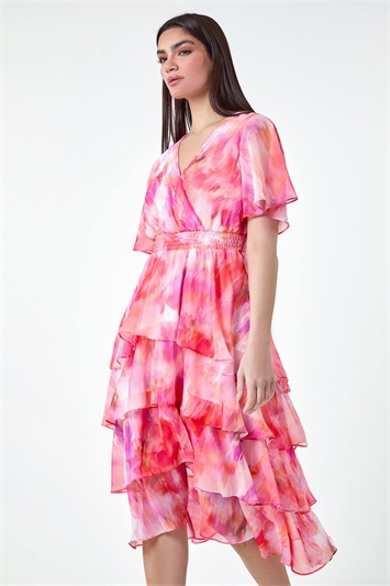 Pink Abstract Print Tiered Midi Dress