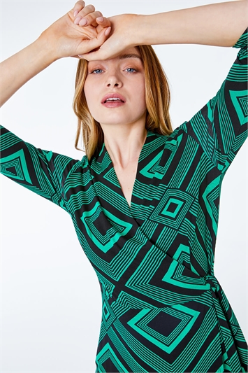 Green Geometric Wrap Midi Stretch Dress