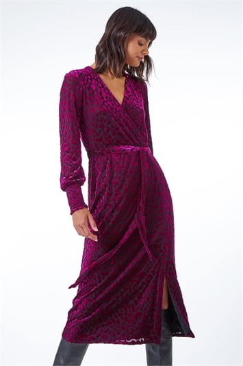 Pink Leopard Print Velvet Wrap Midi Dress