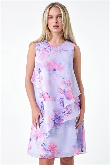 Purple Petite Floral Print Tiered Chiffon Dress