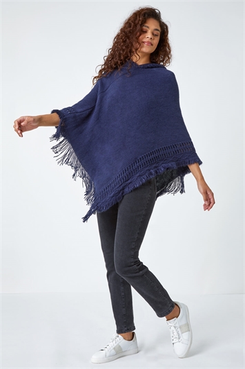 Blue Hooded Fringed Knitted Poncho