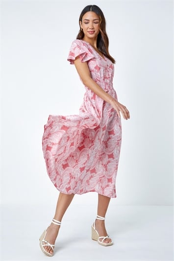 Pink Palm Print Tiered Midi Dress
