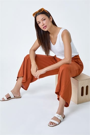 Red Linen Blend Elastic Waist Cropped Culottes