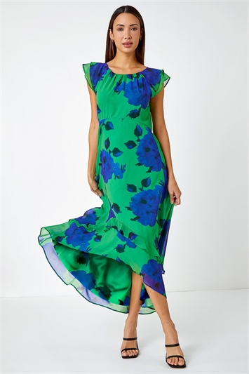 Green Floral Frill Chiffon Asymmetric Midi Dress