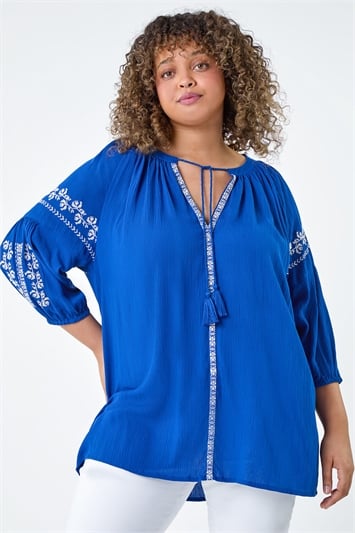 Blue Curve Tie Neck Embroidered Smock Top