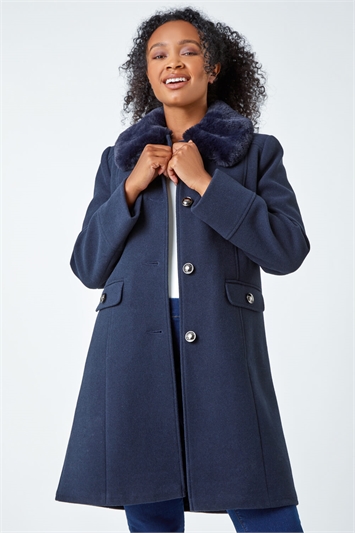Blue Petite Faux Fur Collar Longline Coat