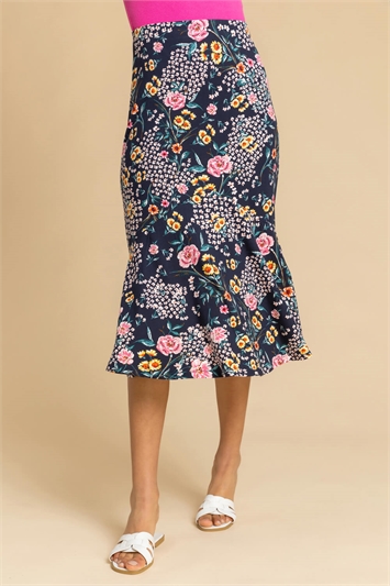 Navy Floral Print Fluted Hem Midi Skirt, Image 1 of 4