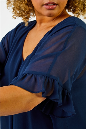 Navy Curve Frill Sleeve Pleat Detail Top, Image 5 of 5