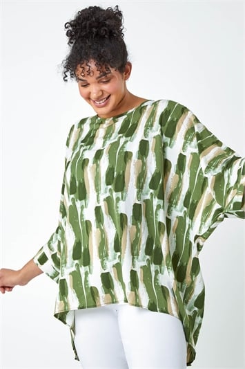 Green Curve Dipped Hem Abstract Print Top