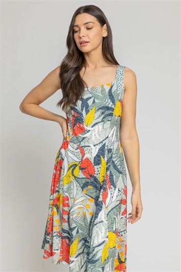 Khaki Tropical Print Fit And Flare Dress, Image 1 of 4