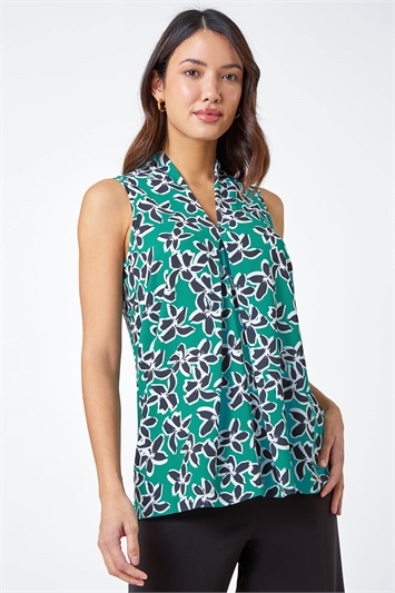 Green Sleeveless V-Neck Floral Print Stretch Top