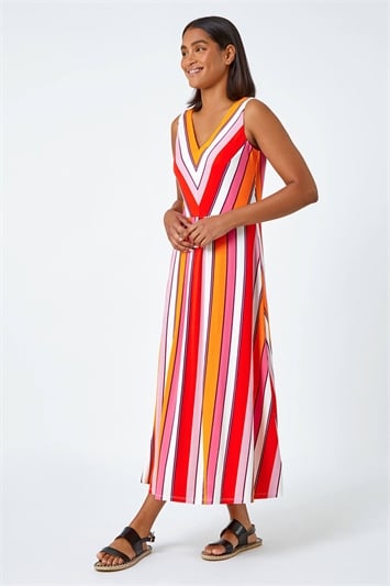 Red Sleeveless Stripe Print Midi Stretch Dress