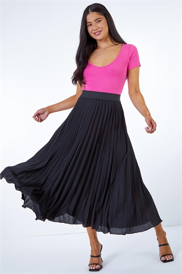 Black Petite Pleated Midi Skirt