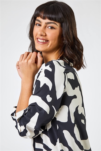 Black Abstract Print Notch Neck Blouse, Image 4 of 5