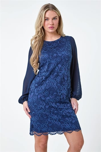 Blue Petite Pleated Sleeve Lace Shift Dress