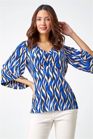 Blue Abstract Print V-Neck Ruched Tunic Top