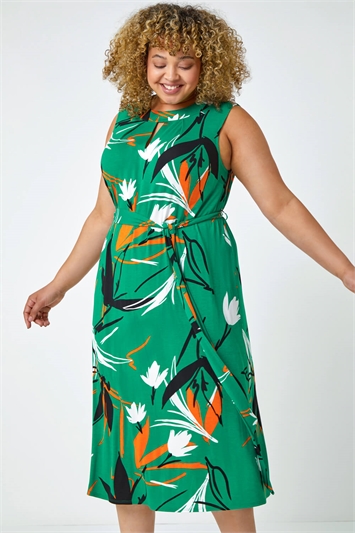 Green Curve Leaf Print Tie Detail Dress