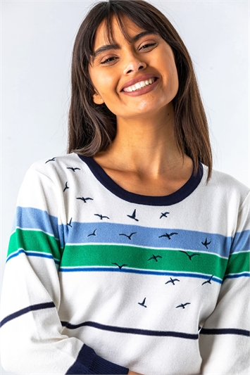 Ivory Nautical Bird Embroidered Stripe Jumper, Image 4 of 4