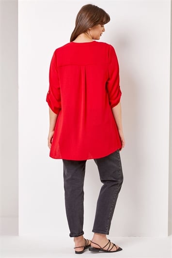 Red Curve Button Detail Tunic Top, Image 2 of 4