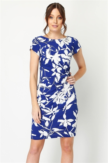 Floral Twist Waist Dress in Royal Blue - Roman Originals UK