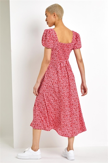 Red Ditsy Floral Bow Detail Midi Dress, Image 2 of 5