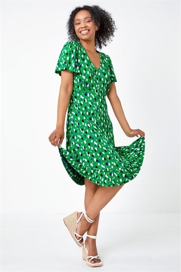 Green Petite Spot Frill Hem Stretch Skater Dress