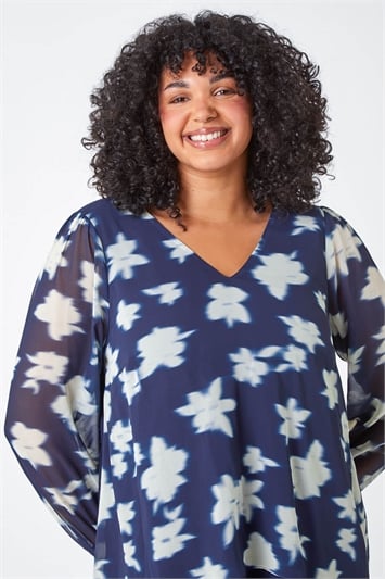 Blue Curve Floral Chiffon Overlay Tunic Top