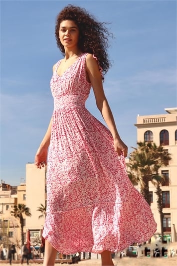 Pink Ditsy Floral Shirred Waist Maxi Dress