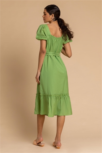 Pea Green Puff Sleeve Button Through Midi Dress, Image 2 of 5
